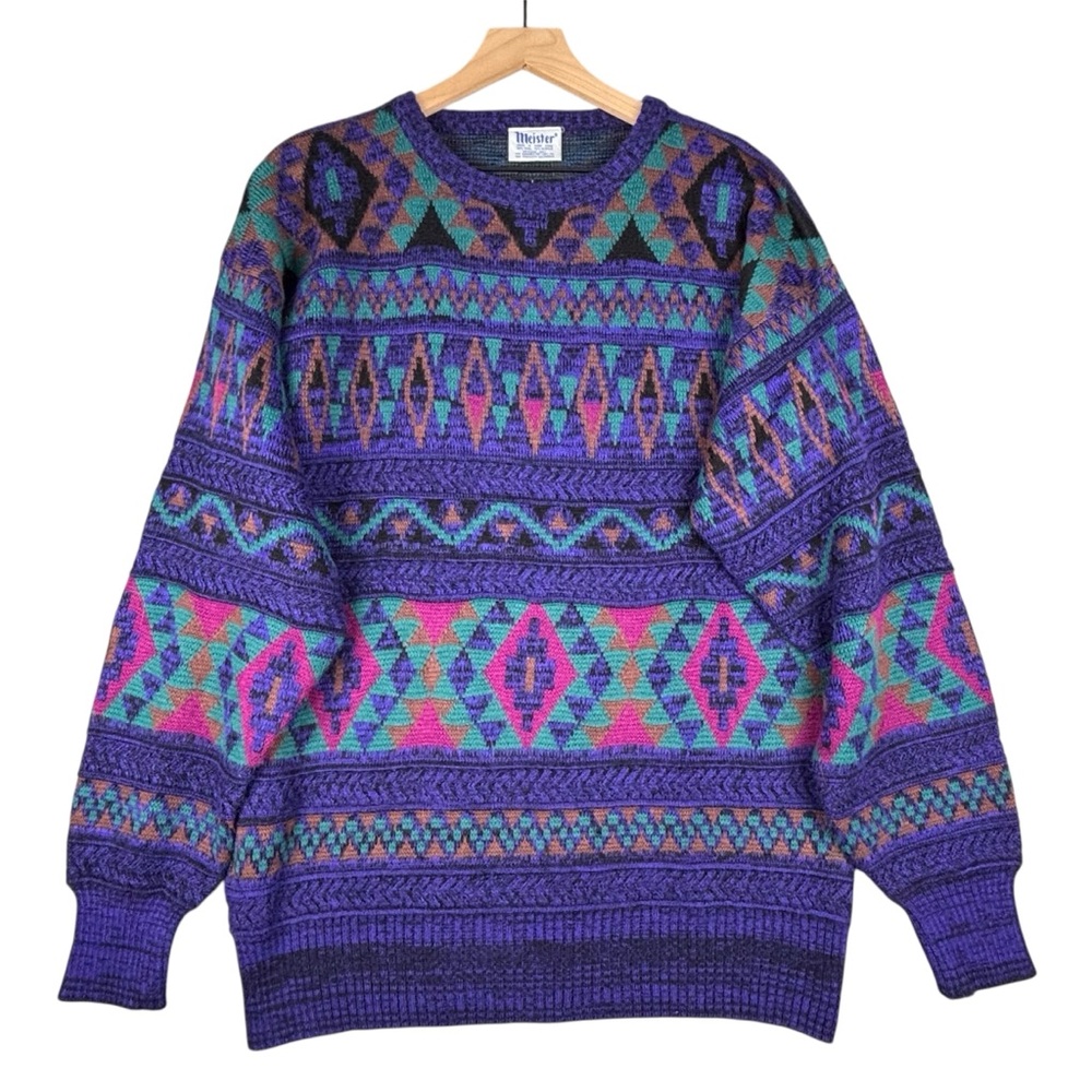 Vintage Meister Ski Sweater XL 80s 90s Geometric Aztec Pullover Wool Blend‎